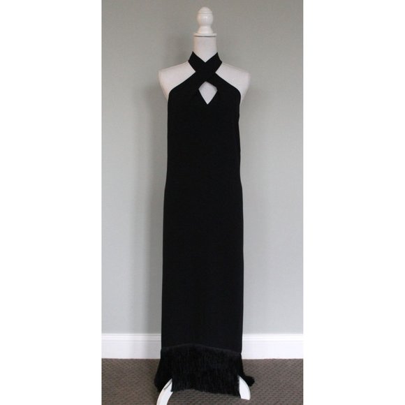 NWT J. CREW Collection Halter Neck Fringe Hem Dress Black Crepe, Size 22 - Picture 3 of 14
